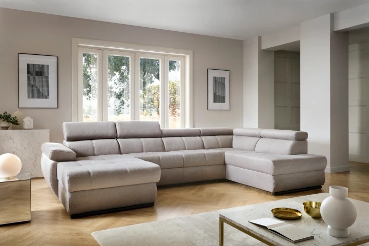 FABIOLA U moderní rozkládací sedací souprava do U s regulovatelnými opěrkami hlavy a loktů