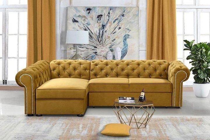 RAMONA XL rozkládací rohová sedačka v chesterfield stylu, skleněné knoflíky