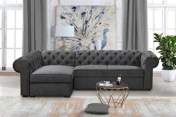 RAMONA XL rozkládací rohová sedačka v chesterfield stylu, látkové knoflíky