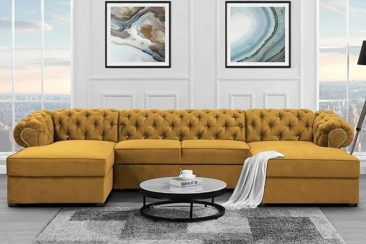 RAMONA U rozkládací sedačka ve tvaru U v chesterfield stylu, skleněné knoflíky