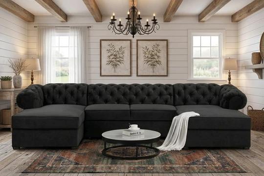 RAMONA U rozkládací sedačka ve tvaru U v chesterfield stylu, látkové knoflíky