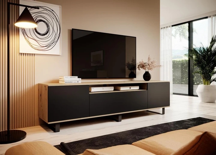 WADE TV stolek, černý/dub artisan na vysokých nožkách